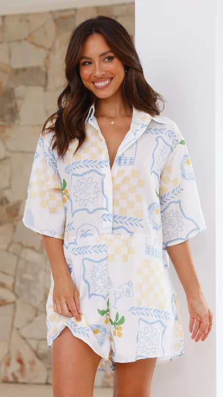 Margie Playsuit - Blue / Yellow Holiday Print