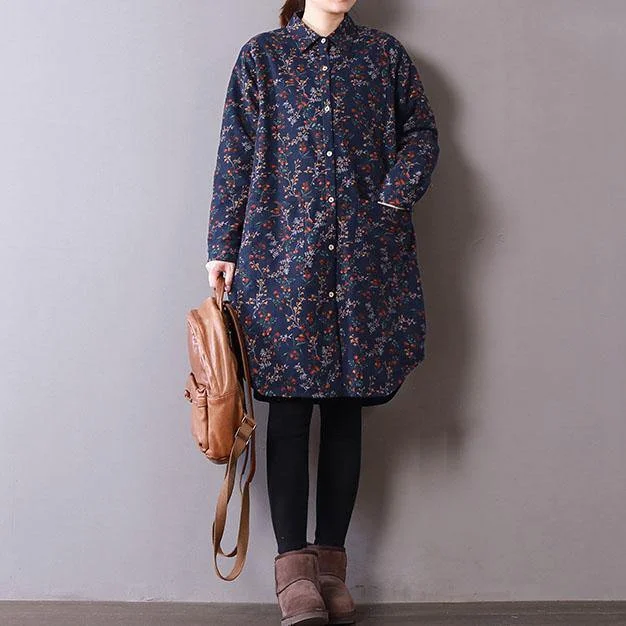 blue floral spring shirt dresses plus size clothing knee thick dress Turn-down Collar clothing Button shirt dresses