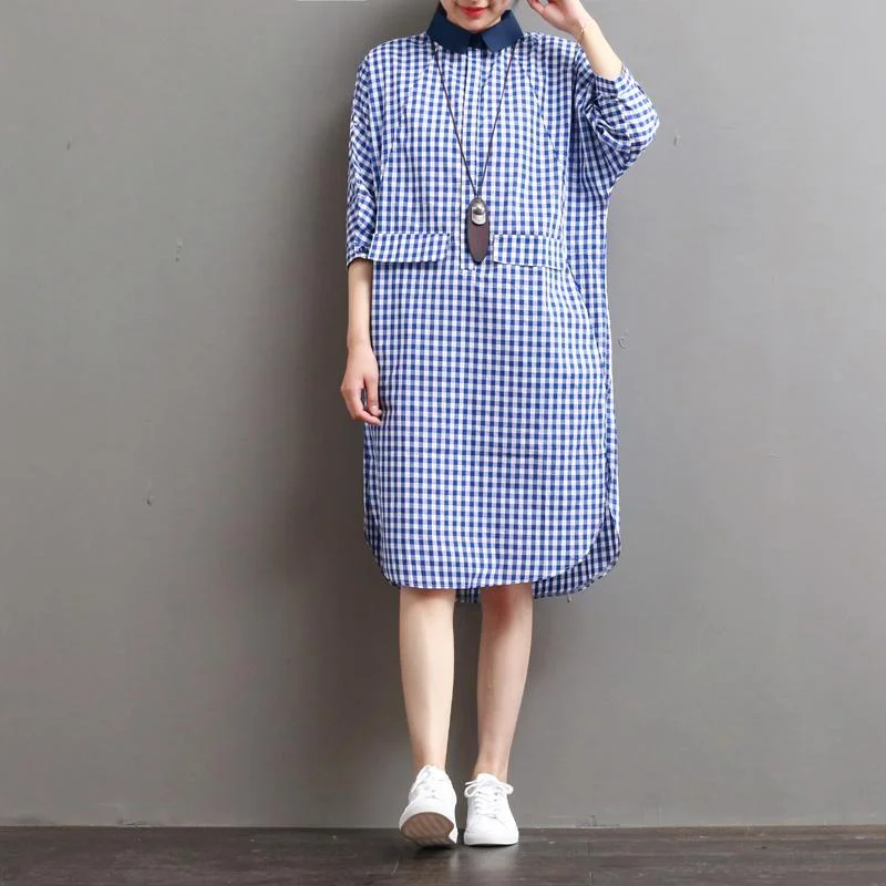 blue plaid oversize linen sundress summer cassual dresses turn-down collar mid-dress