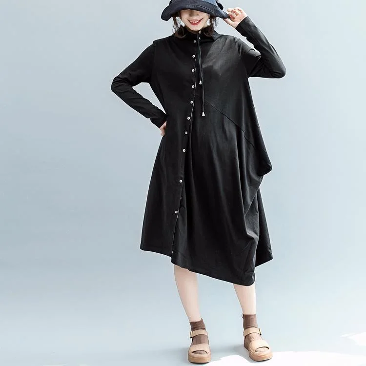 boutique black fall dress casual Turn-down Collar pockets gown Elegant long sleeve asymmetric cotton dresses