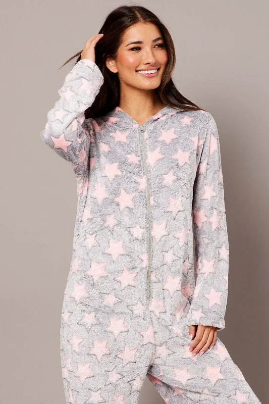 Grey Print Fluffy Pyjama Onesie Star Fleece Nightwear PJ