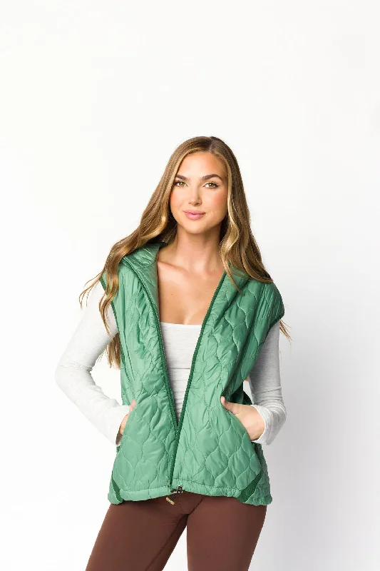 Selma Hooded Quilted Zipper Puffer Vest in Olive