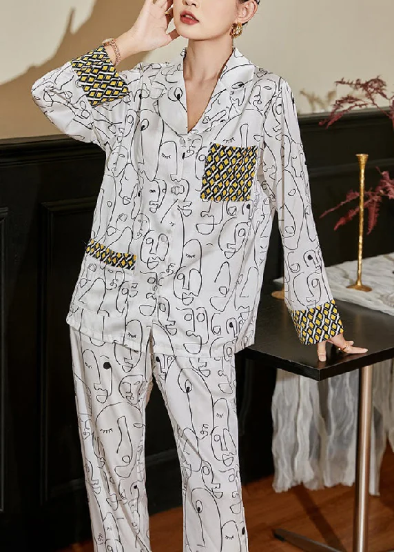 Style White Notched Collar Patchwork Print Ice Silk Pajamas Two Pieces Set Spring